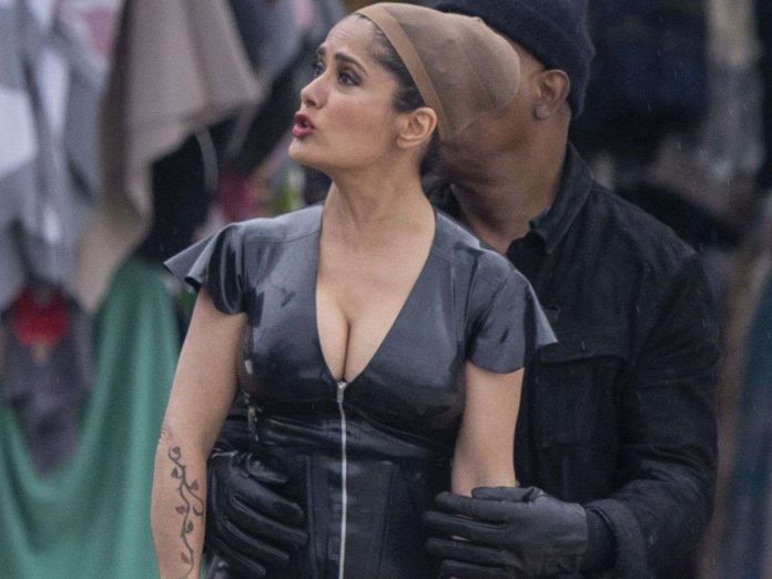 Salma Hayek in a latex catsuit whilst filming The Hitman's Wife's Bodyguard