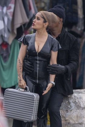 Salma Hayek in a latex catsuit whilst filming The Hitman's Wife's Bodyguard