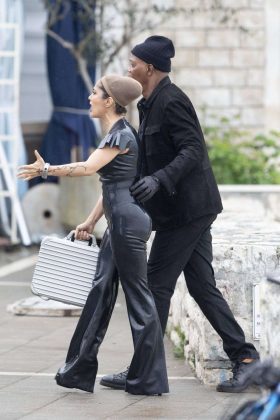 Salma Hayek in a latex catsuit whilst filming The Hitman's Wife's Bodyguard