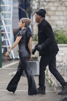 Salma Hayek in a latex catsuit whilst filming The Hitman's Wife's Bodyguard