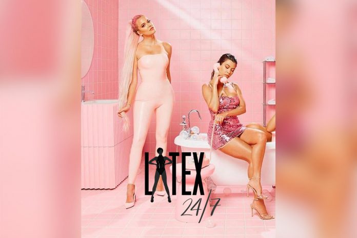 khloe-kardashian-pink-vex-latex-kylie-skin-launch-party Khloe Kardashian wearing Pink Latex Catsuit for Kylie Jenner Kylie Skin Launch Party