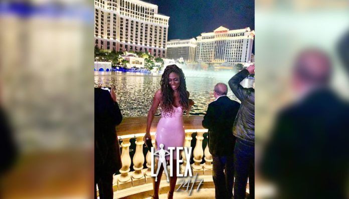 Channel 5 News Presenter Claudia-Liza Armah wears House of CB Latex Dress in Las Vegas for New Year 2020