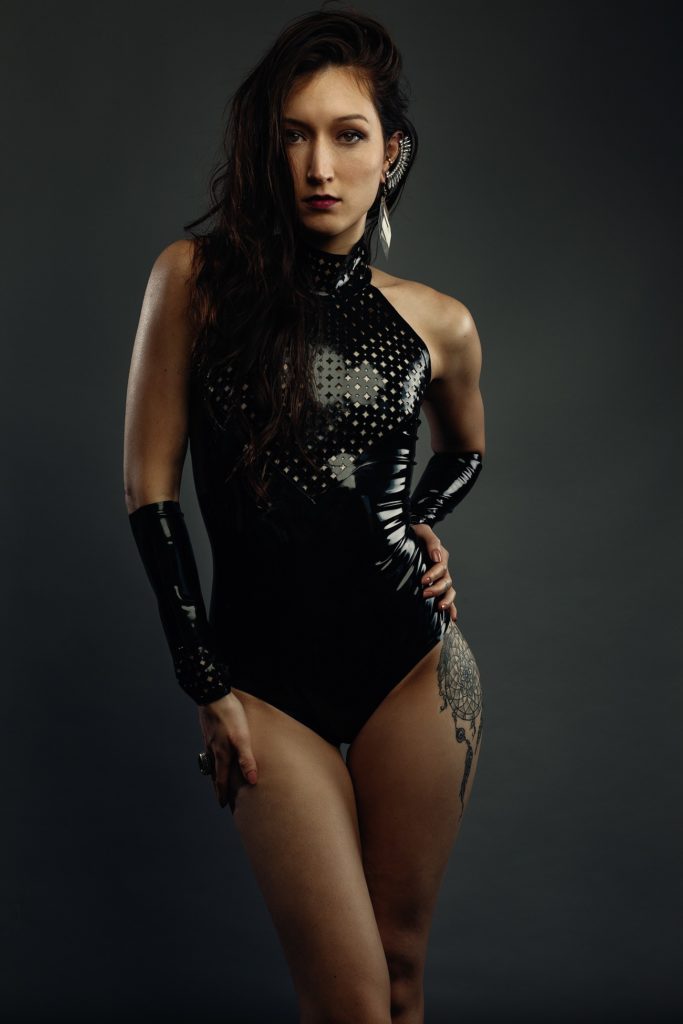 Model Alana Karah wears latex fashion 