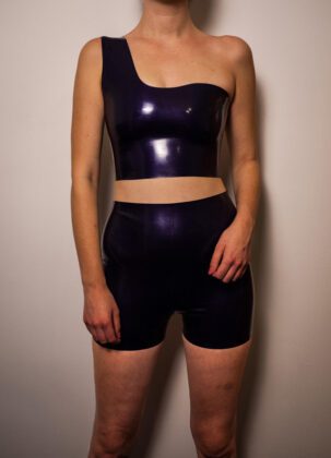 Latex Couture Ltd Latex One Shoulder Crop Top and High Waisted Mini Shorts