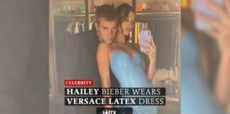 Hailey Bieber Wears Versace Latex Dress For Date Night Hailey Bieber wears Baby Blue Latex Versace Dress from Resort 22 Collection