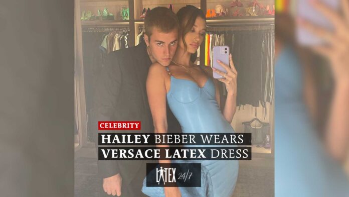 Hailey Bieber wears Baby Blue Latex Versace Dress from Resort 22 Collection