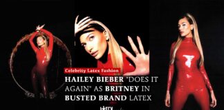 Hailey Bieber “Does it Again” as Britney in Busted Brand Latex Hailey Bieber "Does it Again" as Britney in Busted Brand Latex Catsuit