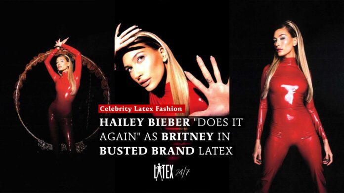 Hailey Bieber "Does it Again" as Britney in Busted Brand Latex Catsuit
