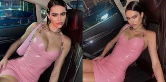 Amelia Hamlin Wows In Pink Latex Versace Dress At Milan Fashion Week Amelia Gray Hamlin wears Pink Latex Fashion Versace Dress at Milan Fashion Week