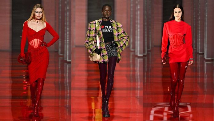 Versace Extends Latex Clothing Trend with Fall-Winter 22 Collection at Milan Fashion Week