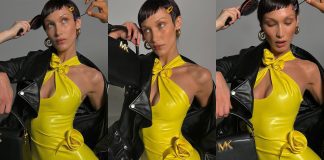 Bella Hadid Shines in Coperni Latex Dress Bella Hadid wears Yellow Latex Dress from Coperni Paris for Michael Kors