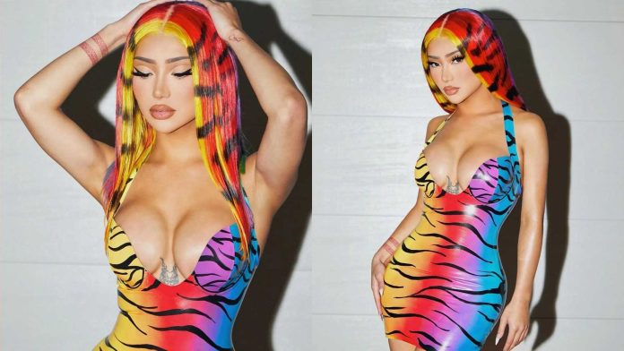 Nikita Dragun wears Rainbow Zebra Print Venus Prototype Latex to Coachella Festival