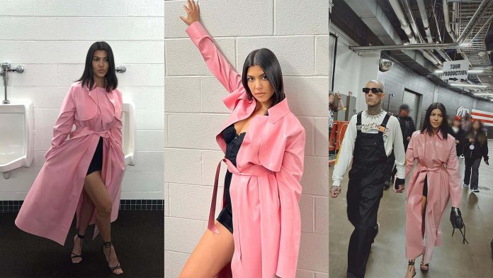 Kourtney Kardashian wears pink latex coat from Kwaidan Editions