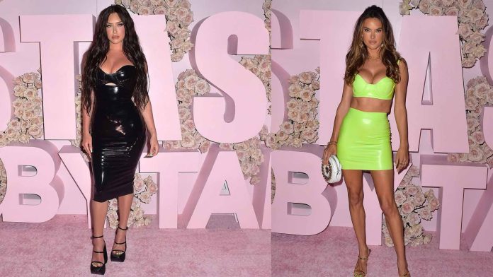 Stassie Karanikolaou and Alessandra Ambrosio in Versace Latex for Stas x Booby Tape Bronzer Launch Party