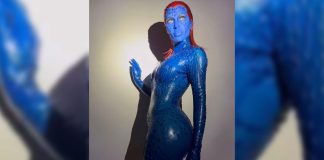 Kim Kardashian in Vex and Artwith Latex Transforms into X-Men’s Mystique Kim Kardashian wears Vex Latex to become X-Men Mystique this Halloween