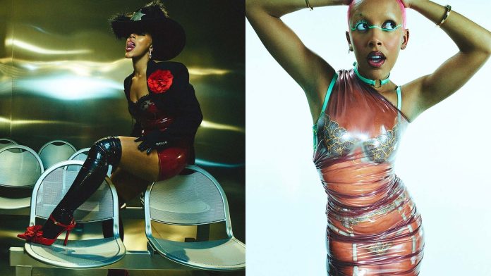 Singer Doja Cat appears in Dazed Magazine wearing latex designs from AVELLANO, Atsuko Kudo, House of Harlot and Elissa Poppy