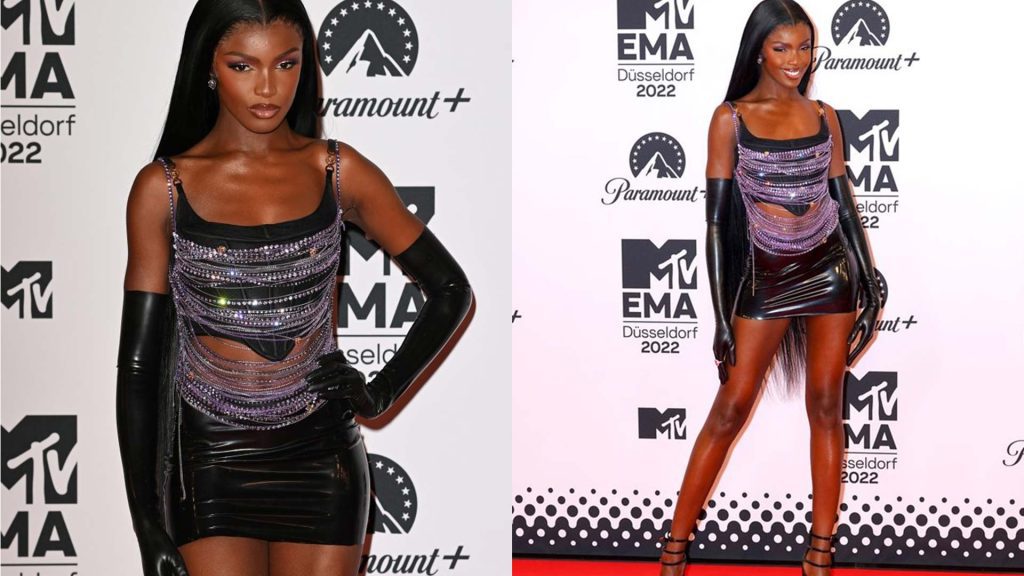 Leomie Anderson wears House of Harlot Latex Fashion Clothing to MTV EMA