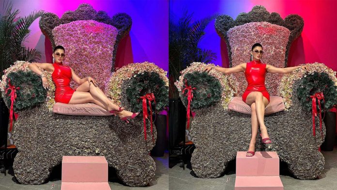 Urvashi Rautela Stuns in Red Latex Fashion Clothing Mini Dress