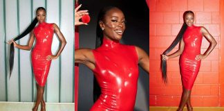 AJ Odudu in Atsuko Kudo Latex for Comic Relief AJ Odudu wears Atsuko Kudo Latex Dress for Comic Relief Red Nose Day