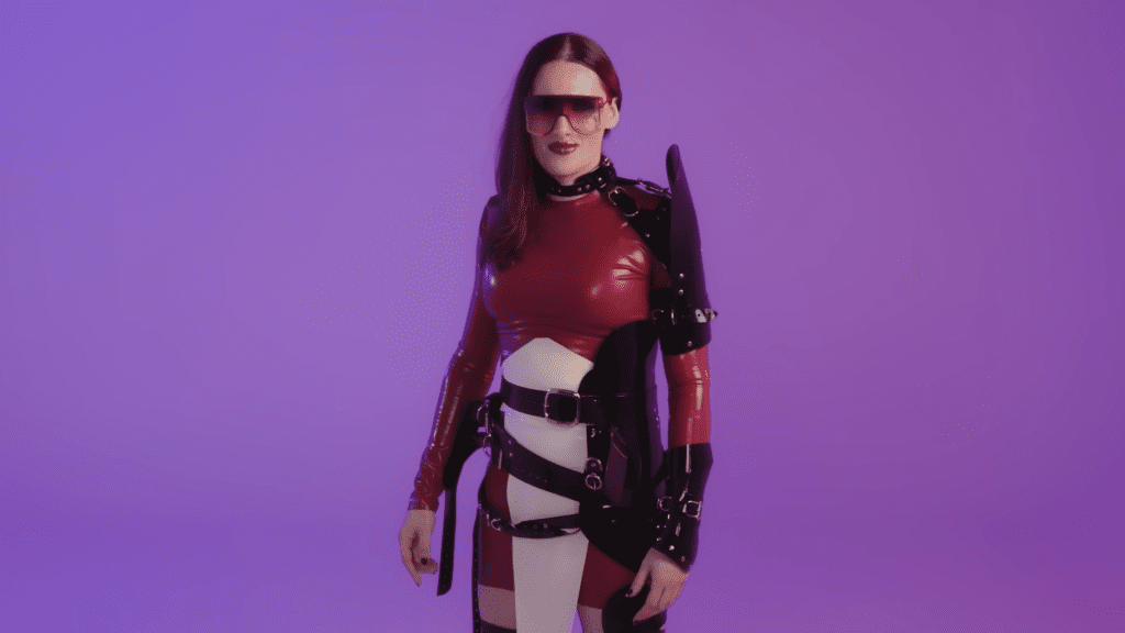 YouTube channel Philosophy Tube presenter Abigail Thorn wears Dead Lotus Couture latex