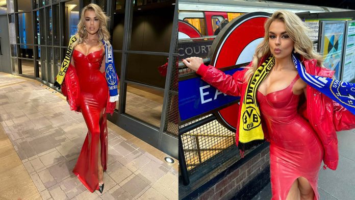 Tallia Storm wears Latex Couture Double Strap Full Cup Gown for Shazam! Fury of the Gods Premiere