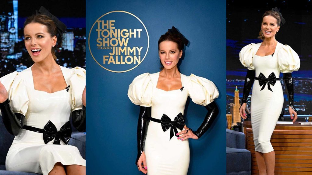 Kate Beckinsale wears Jane Doe Latex dress for Jimmy Fallon Tonight Show