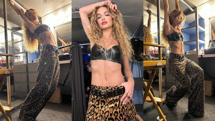 Rita Ora wears Latex Bra and Leopard-Print Trousers Pants