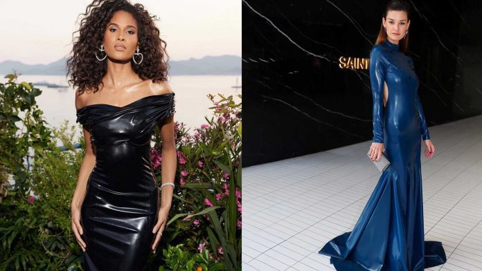Ophelie Guillermand and Cindy Bruna wear AVELLANO latex clothing fashion at Cannes Film Festival
