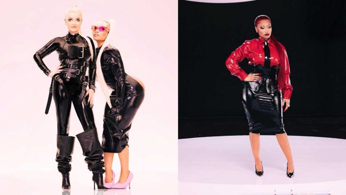 Kim Petras and Nicki Minaj wear latex clothing fashion in "Alone" Video