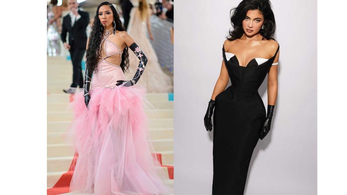 Kylie Jenner and Quannah ChasingHorse accessorise with Latex gloves to this years Met Gala 2023
