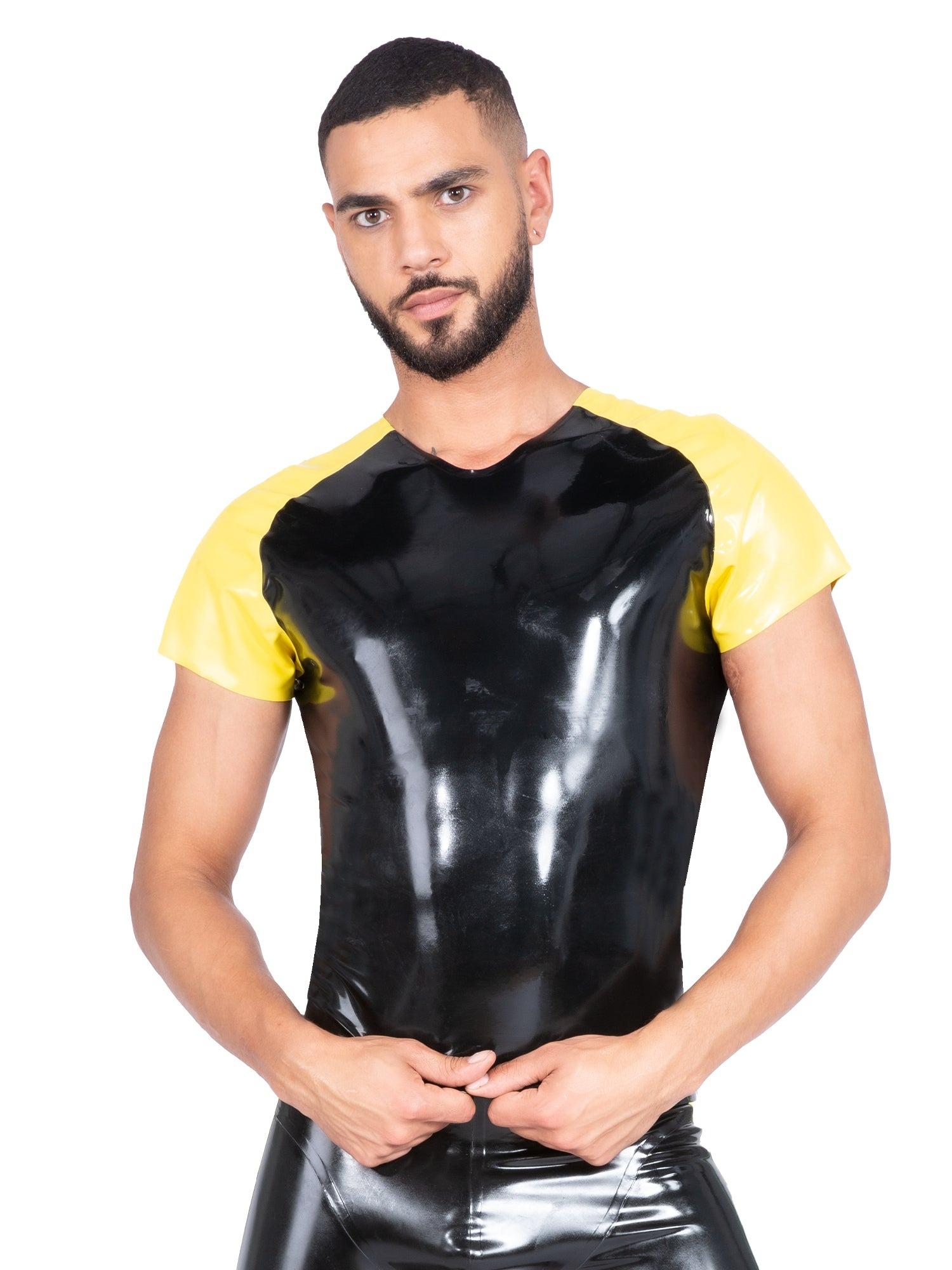 Skin Two Black Fitted Latex Top With Yellow Sleeves