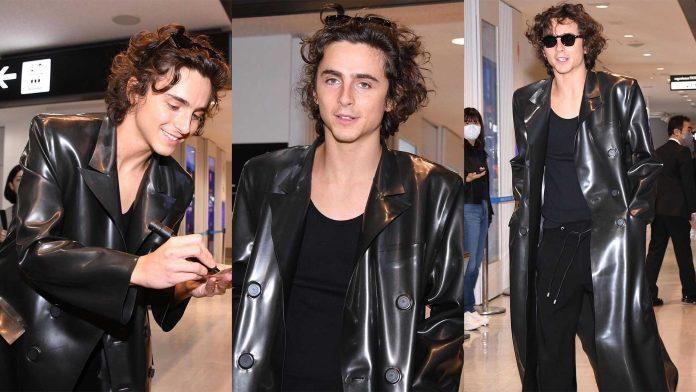 Timothée Chalamet wears AVELLANO latex jacket during appearance at Tokyo Airport