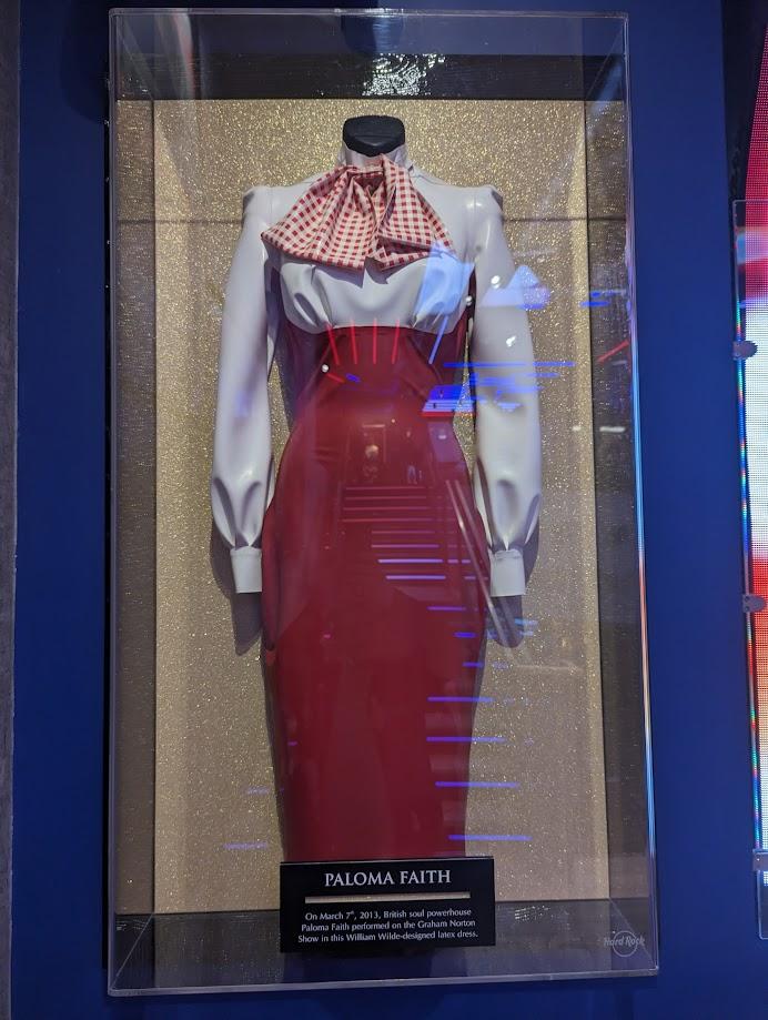 A William Wilde dress, worn by singer Paloma Faith, on display at the Hard Rock Cafe in London