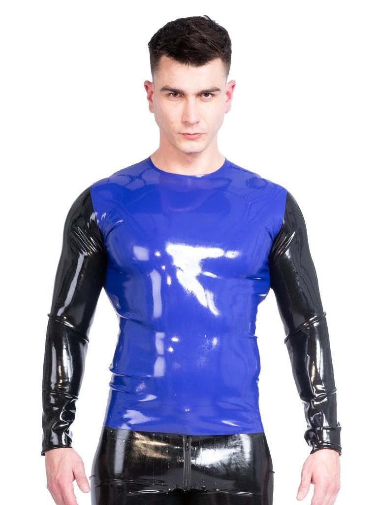 Honour Clothing Macaw themed latex menswears collection blue contrast fitted long sleeved t-shirt