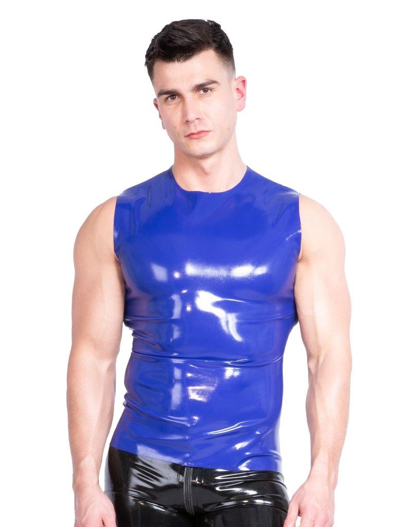 Honour Clothing Macaw themed latex menswears collection blue sleeveless shirt