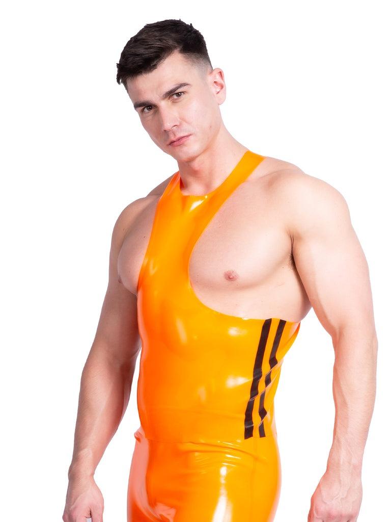 Honour Clothing Macaw themed latex menswears collection orange stripe singlet top