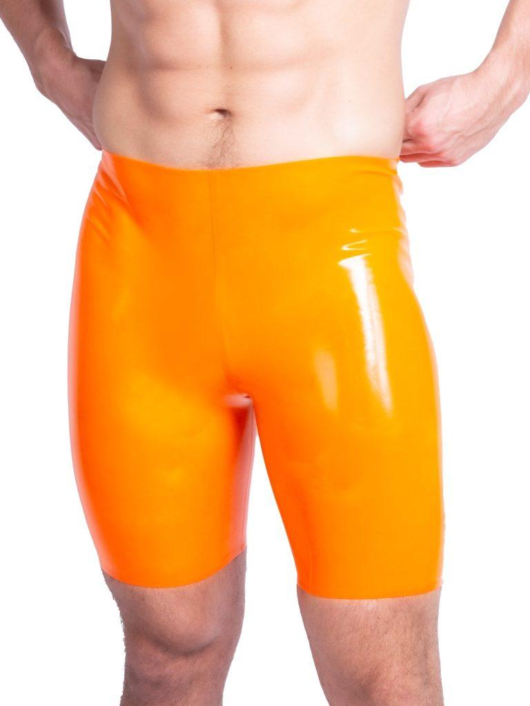 Honour Clothing Macaw themed latex menswears collection orange cycling shorts