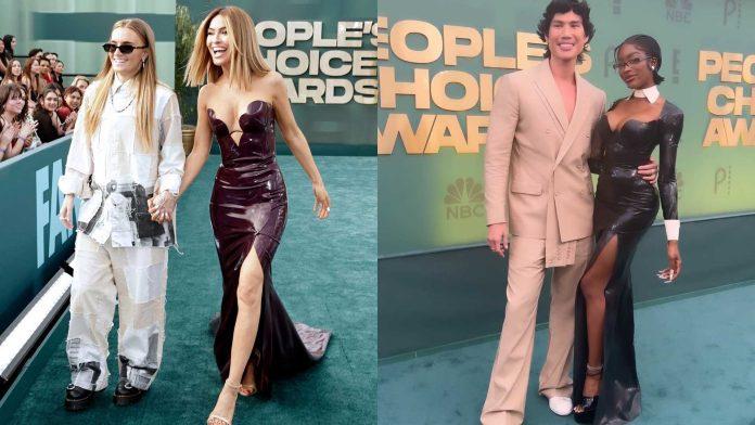 Chrishell Stause wears Atsuko Kudo latex and Chelsea Lazkani wears Venus & Violet latex at the Peoples Choice Awards