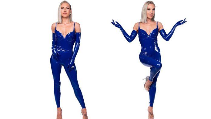 Dancing With The Stars Australia star Sharna Burgess looks incredible in a daring blue Atsuko Kudo latex outfit on series opener