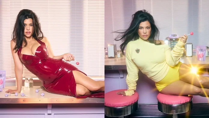 Kourtney Kardashian wears latex fashion clothing for Lemme lollipop advertisement