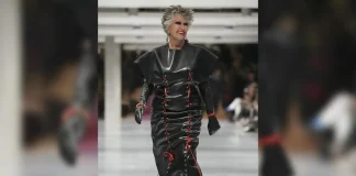 Latex Makes a Statement: Dame Prue Leith at London Fashion Week Dame Prue Leith wears latex outfit from Vin + Omi at London Fashion Week