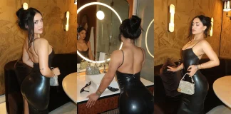 Latex Love: Leah Kateb Steps Out in Edgy Poster Girl Dress Reality TV star of Love Island USA Leah Kateb wears Poster Girl Official latex dress
