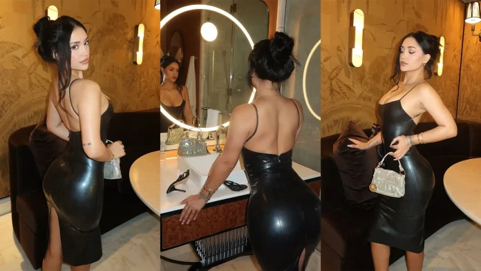 leah-kateb-poster-girl-official-latex-dress-clothing-fashion Reality TV star of Love Island USA Leah Kateb wears Poster Girl Official latex dress