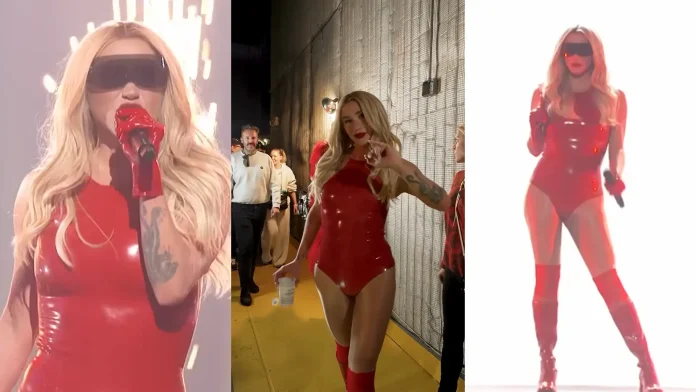 kesha-dick-clarks-new-years-rockin-eve-latex-bodysuit Kesha wears red latex bodysuit for her appearance on Dick Clark's New Year's Rockin' Eve