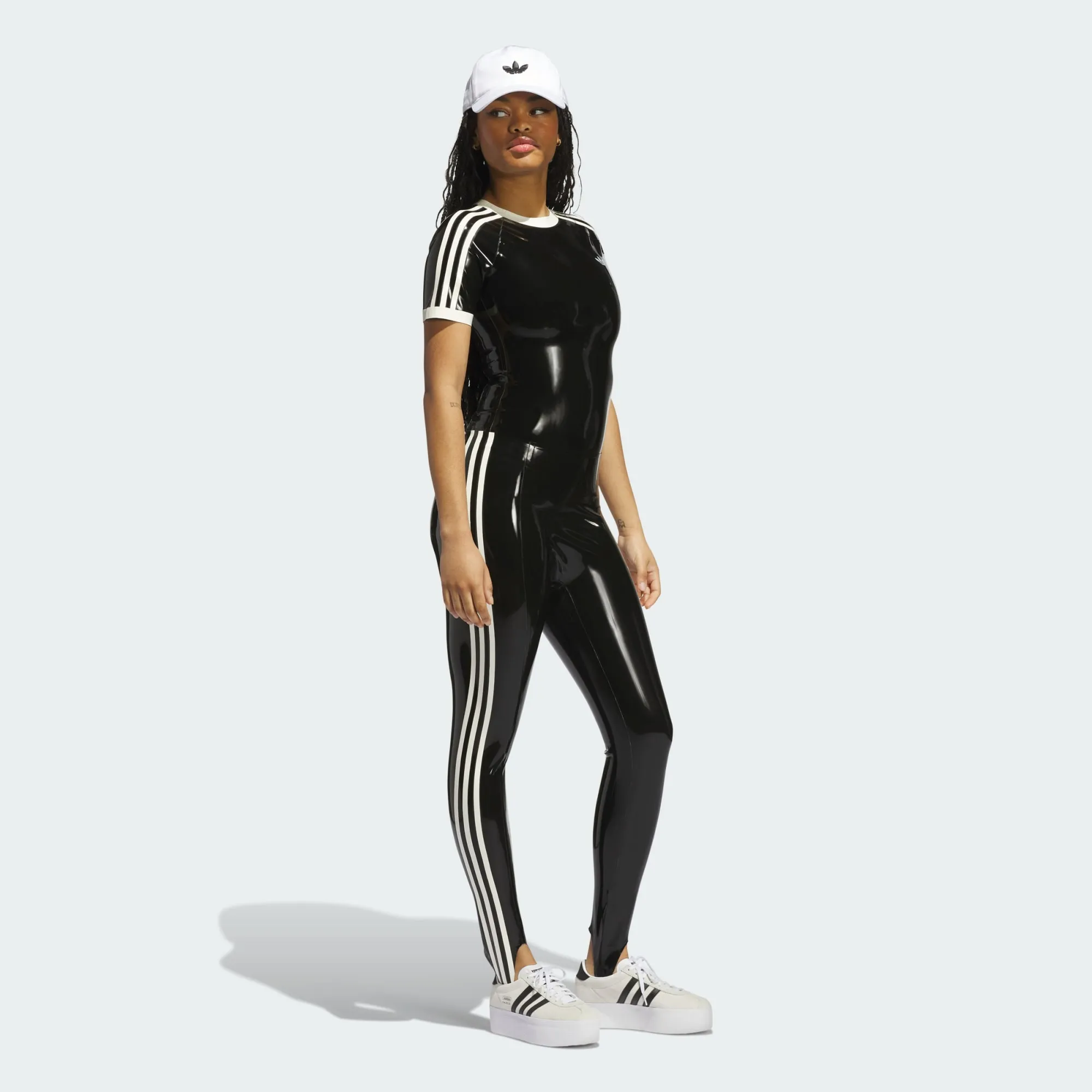 Adidas "Athleisure" sportwear latex fashion clothing leggings and bodysuit in black