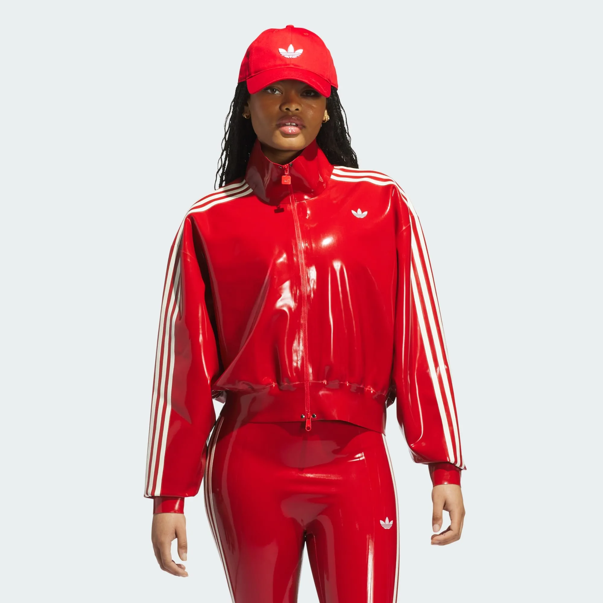 Adidas "Athleisure" sportwear latex fashion clothing leggings and track top in red