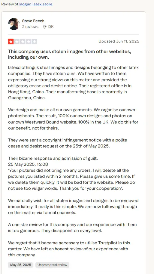 Steve Beech of Westward Bound contact Latex Clothing UK via TrustPilot