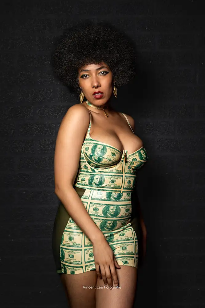 Rubber Mommy Latex Fashion Clothing Nyoka Eshu Money Print Bra and Mini Skirt