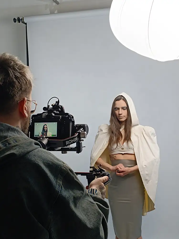 The Original Sin behind the scenes of their new video "Koresene", featuring lead singer Kira Sinister wearing William Wilde
