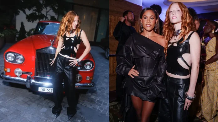 jess-glynne-elle-uk-fashion-awards-arakhne-latex Jess Glynee wears ARAKHNE latex top and leather trousers to Elle Style Awards